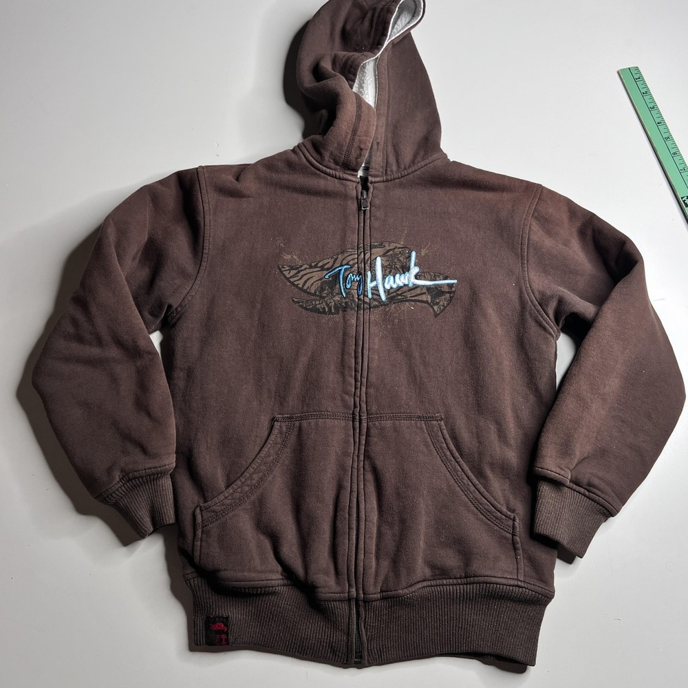 Tony Hawk‎ Hoodie Boys 10-12 Brown Sherpa Lined Full Zip Graphic Logo Sweatshirt